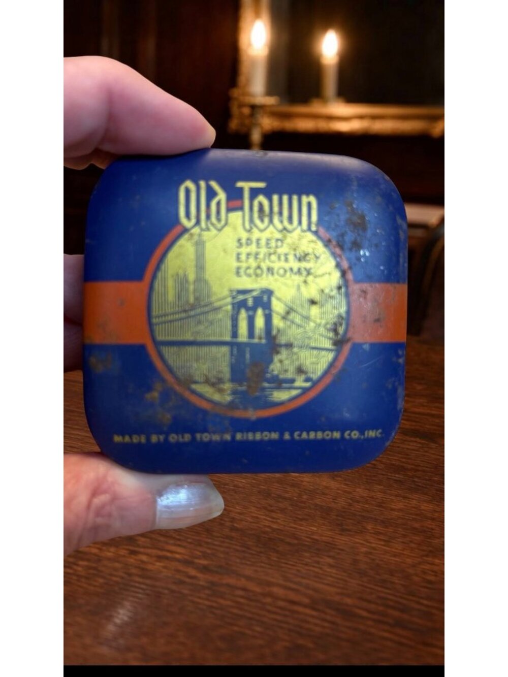 Old Town Vintage Economique Typewriter Ribbon Tin Box - Blue & Orange With Yello